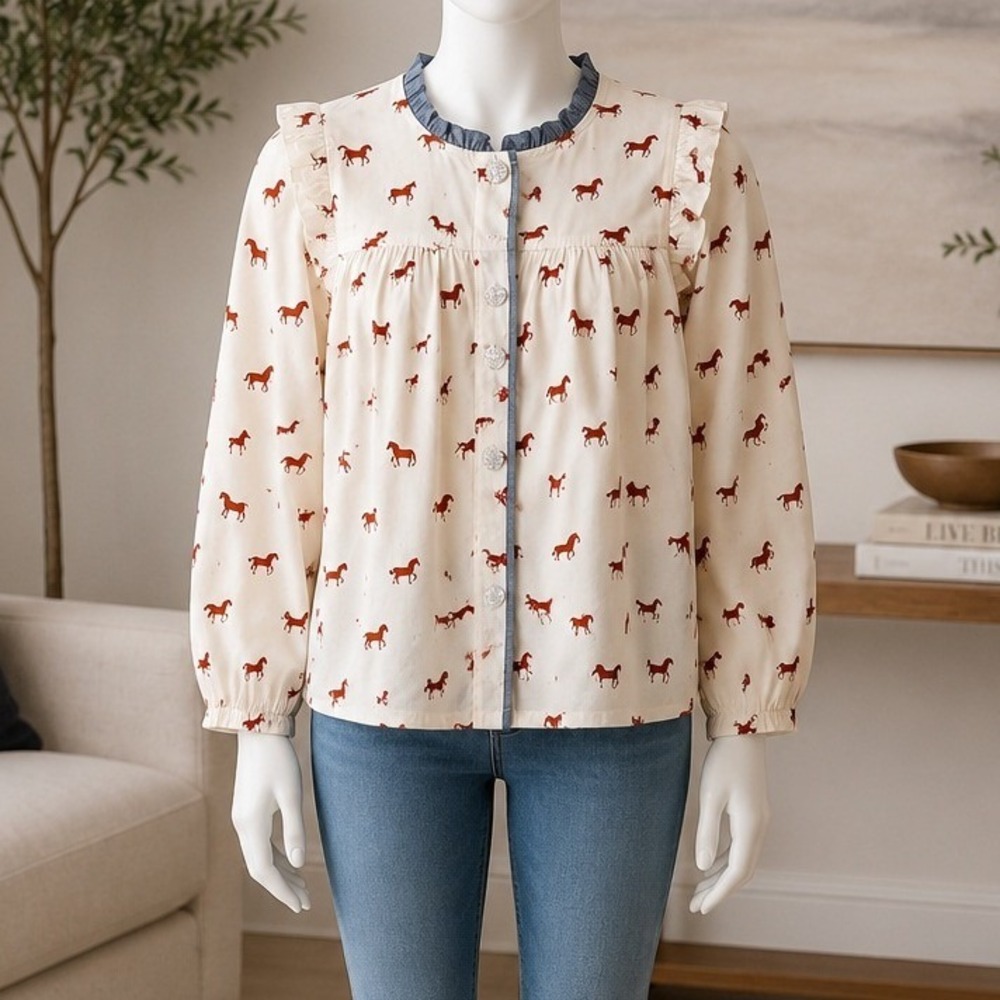 Pink Chicken Girls Blouse Red Horse Print Ruffle Peplum Top White 7Y